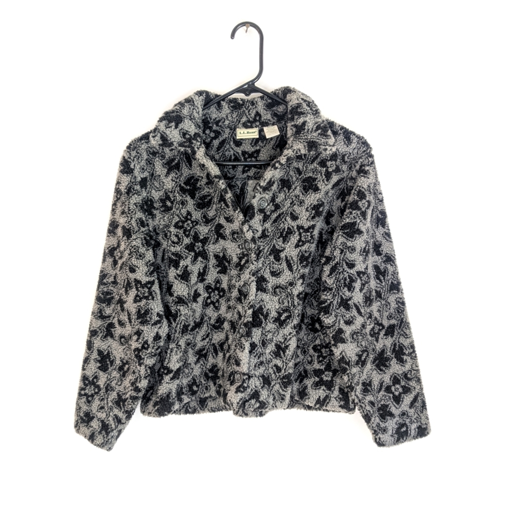 Vintage 90s L.L.Bean Grey and Black Goth Floral Sherpa Jacket